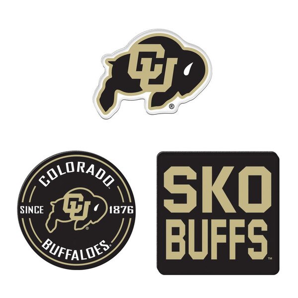 The first magnet is the CU Buffalo logo. Another is a circle with the CU Buffalo logo in the middle, "Colorado Buffaloes Since 1876" around it. The last is black with "Sko Buffs" in gold.